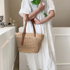 Summer Handwoven Straw Beach Tote Bags for Women Vintage Hollow Out Handbag Basket Rattan Vacation Shoulder Bag